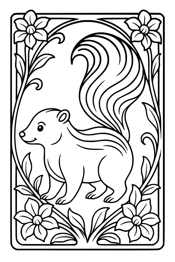 Free Skunk Coloring Page - Happy Skunk in Flower Garden Frame (Printable PDF)