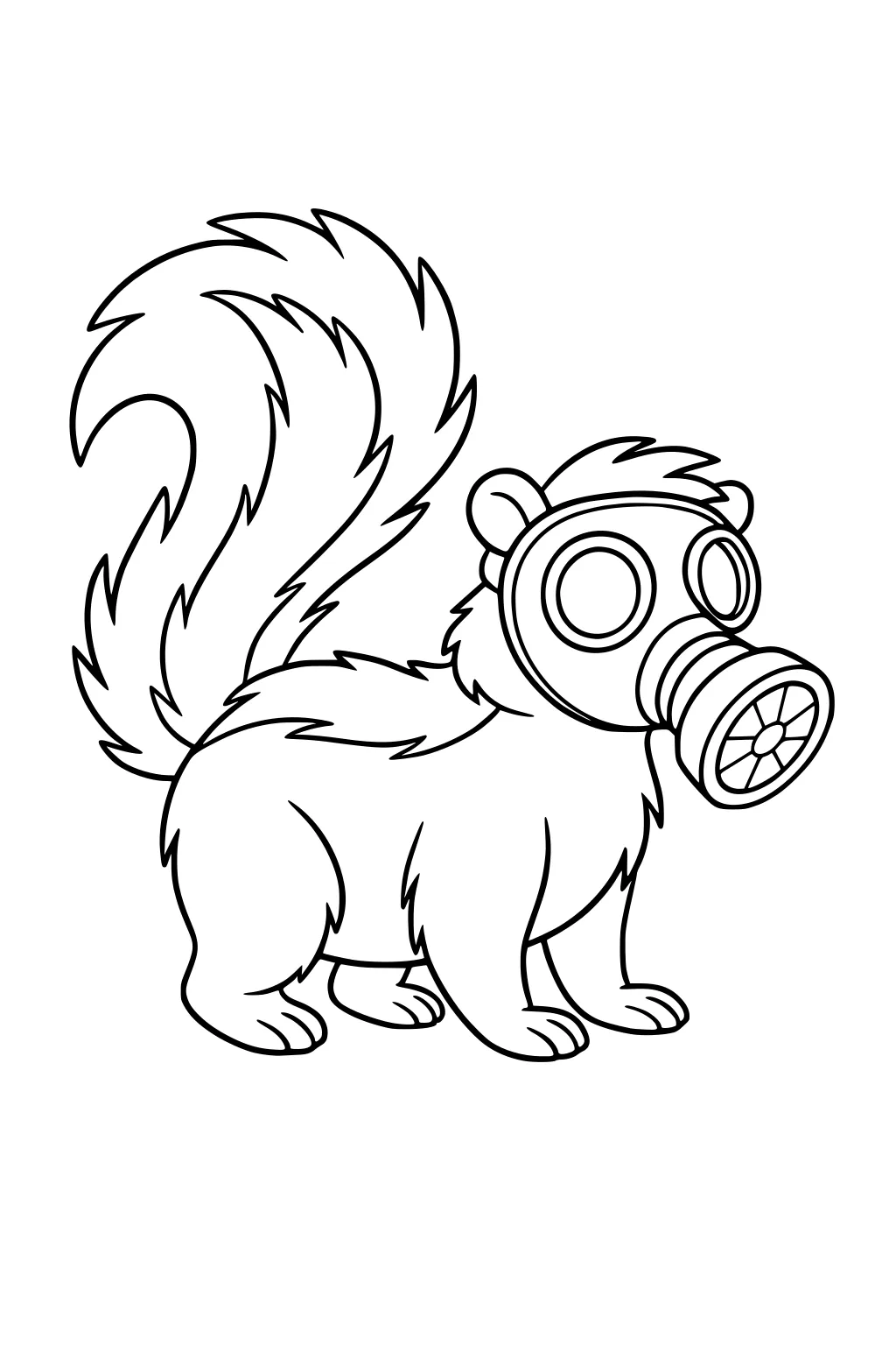 Cartoon skunk standing and wearing a gas mask, with a large bushy tail and fluffy fur.