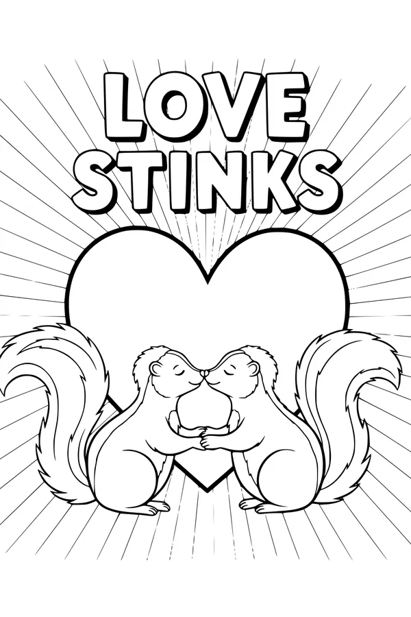 Free Skunk Coloring Page - Cute Love Stinks Heart Scene (Printable PDF)