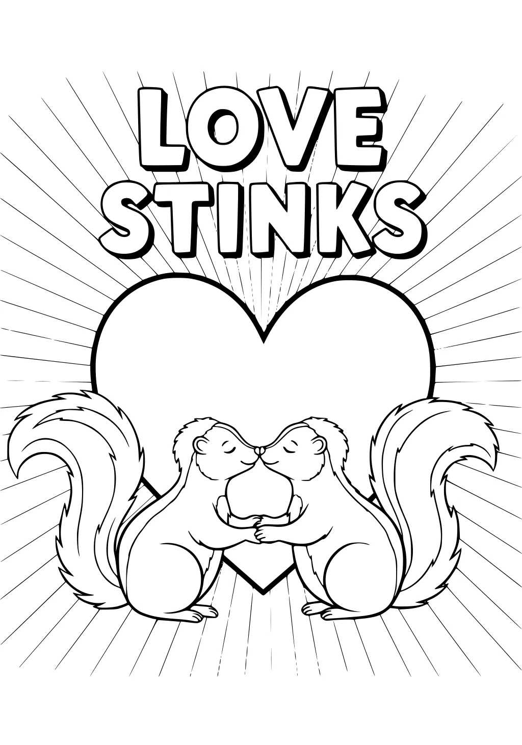 Two skunks holding paws in front of a heart with the words LOVE STINKS above, sunburst lines in background.