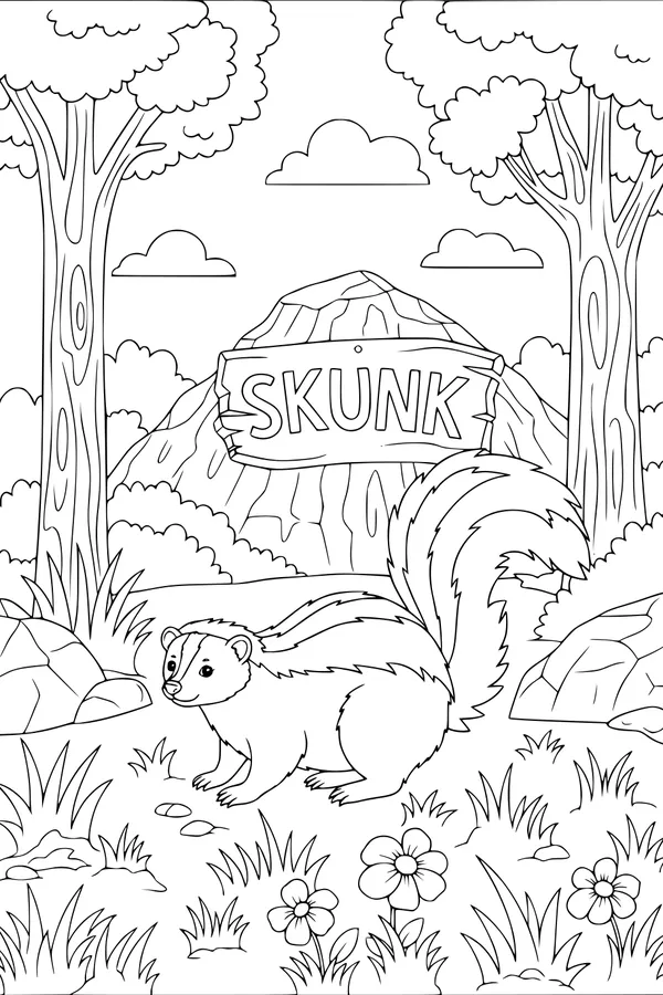 Free Skunk Coloring Page - Forest Stroll in a Sunny Clearing (Printable PDF)