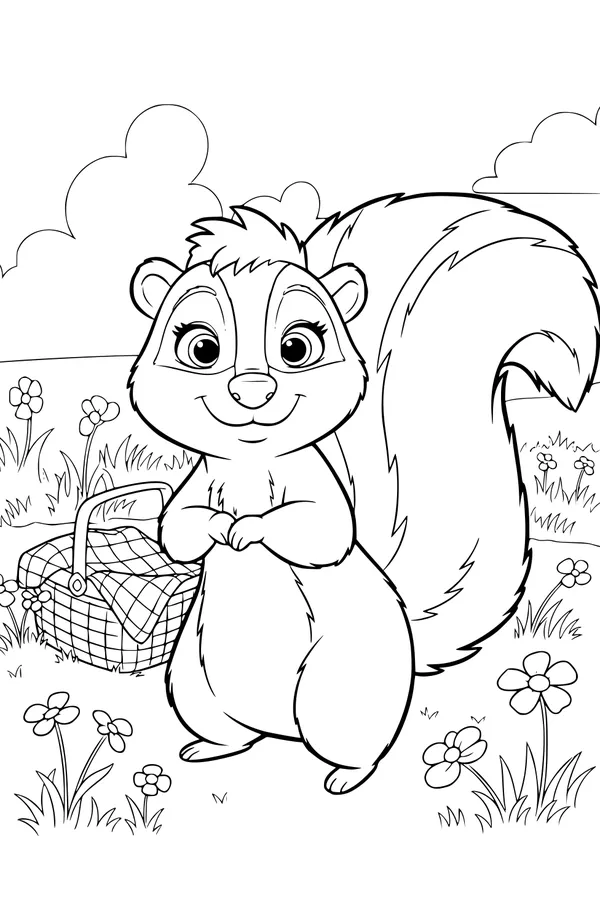 Free Skunk Coloring Page - Sunny Picnic in a Flower Meadow (Printable PDF)
