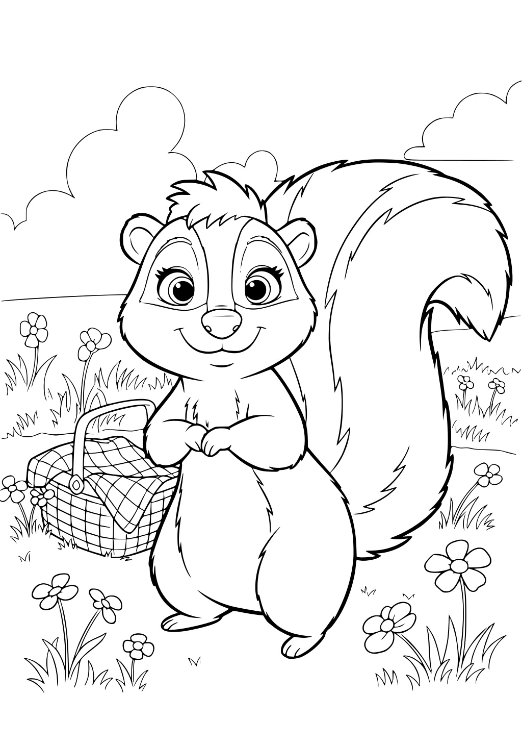 Cartoon skunk standing in a field with a picnic basket and flowers on the grass.