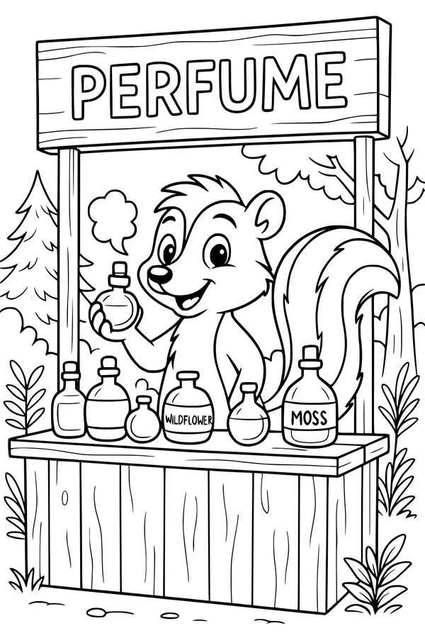 Free Skunk Coloring Page - Woodland Perfume Stand in the Forest (Printable PDF)