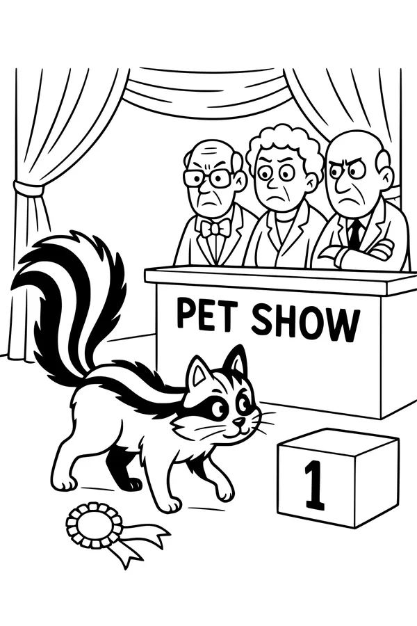 Free Skunk Coloring Page - Pet Show Winner on Stage (Printable PDF)