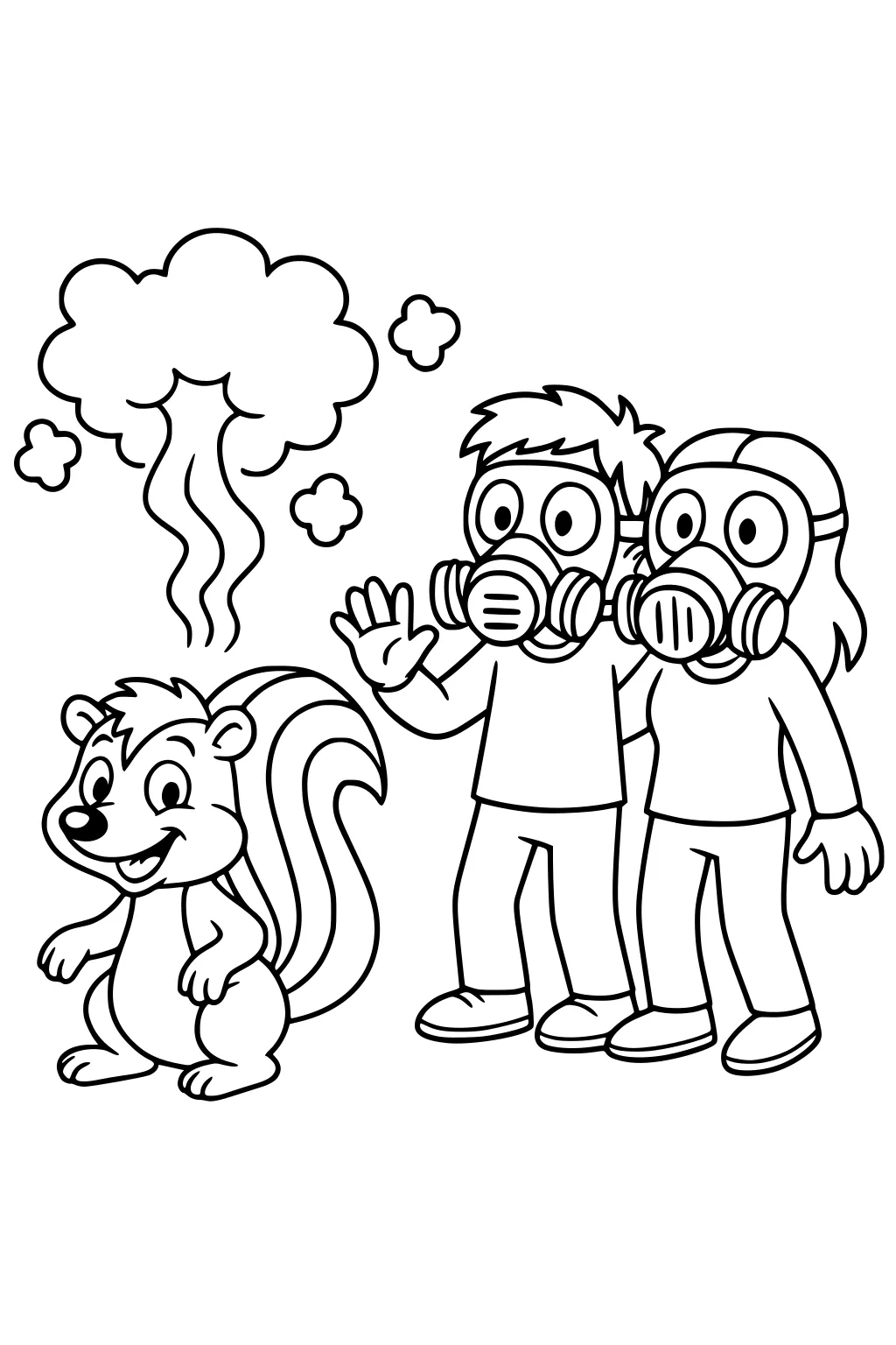 Smiling skunk sprays stink cloud while masked boy and girl wave.