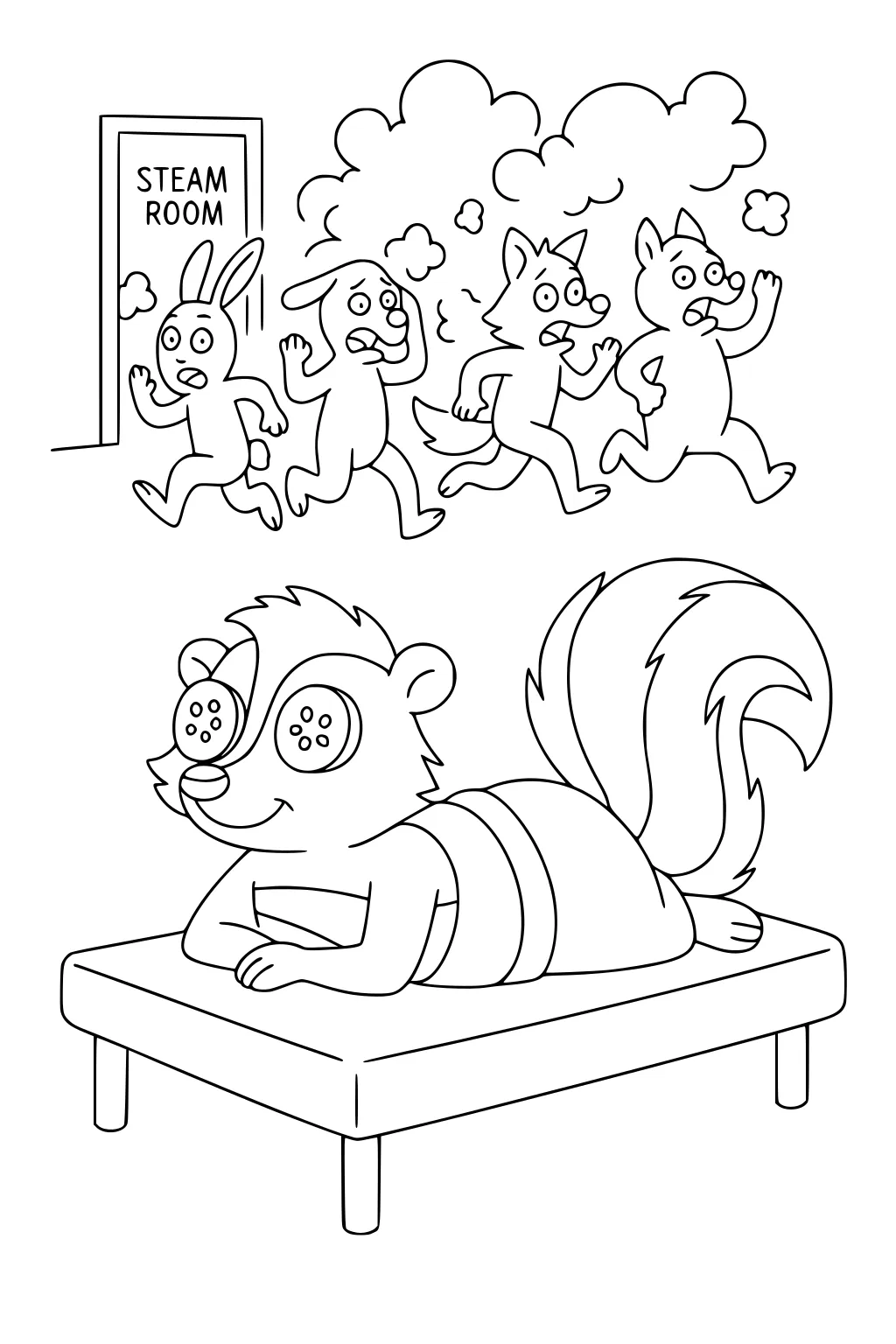 A smiling skunk with cucumber eyes relaxes on a spa table. Three animals run from a steam room in a puff of steam above him.