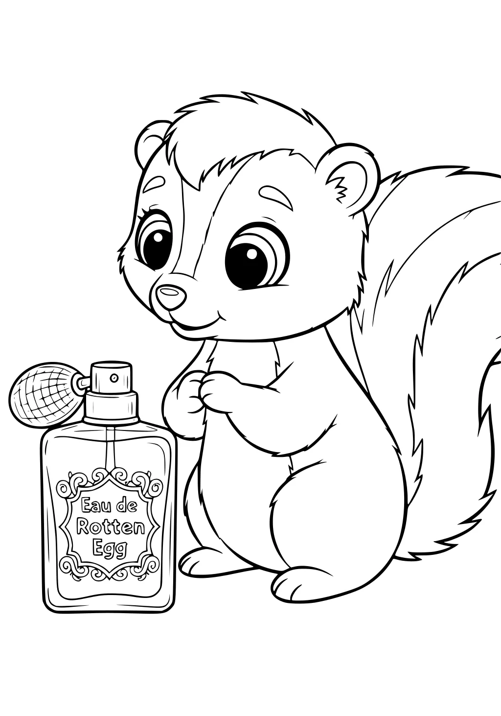 Cartoon skunk with fluffy tail and big eyes, holding a decorated perfume bottle labeled Eau de Rotten Egg.
