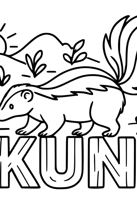 Free Skunk Coloring Page - Sunrise Forest Scene With Big Letters (Printable PDF)