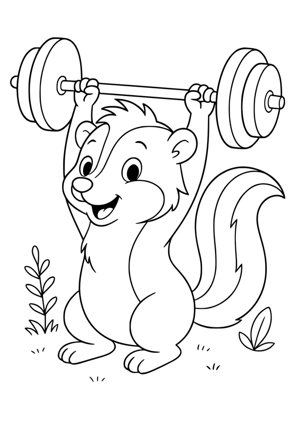 Free Skunk Coloring Page - Cartoon Skunk Lifting Barbell Outdoors (Printable PDF)