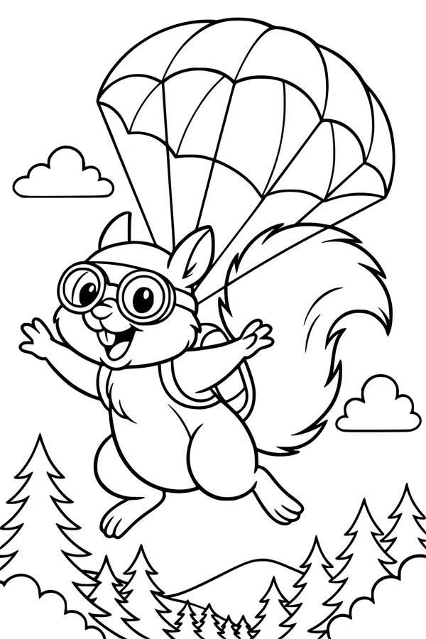 Free Squirrel Coloring Page - Parachute Ride Over Pine Forest (Printable PDF)