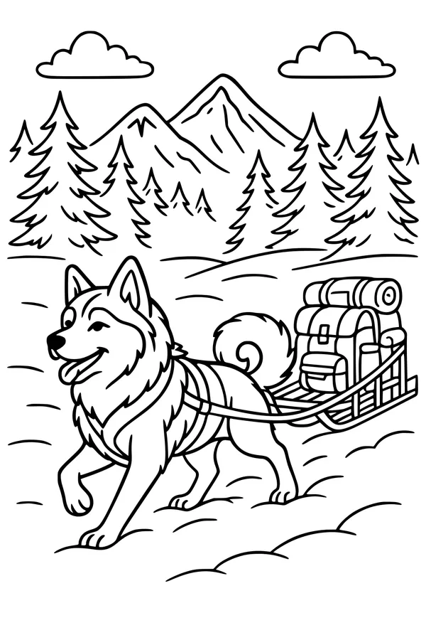 Free Sled Dog Coloring Page - Brave Pup in Snowy Mountain Pines (Printable PDF)