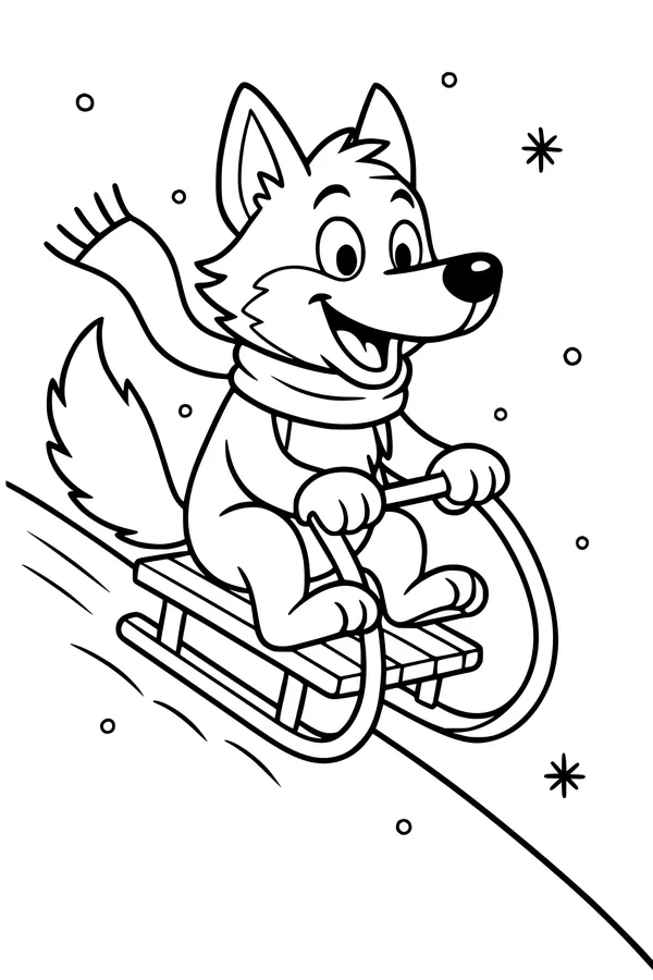 Free Wolf Coloring Page - Cartoon Sledding Wolf in Winter (Printable PDF)