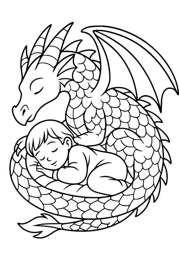 Free Dragon Coloring Page - Gentle Guardian Around Sleeping Boy (Printable PDF)
