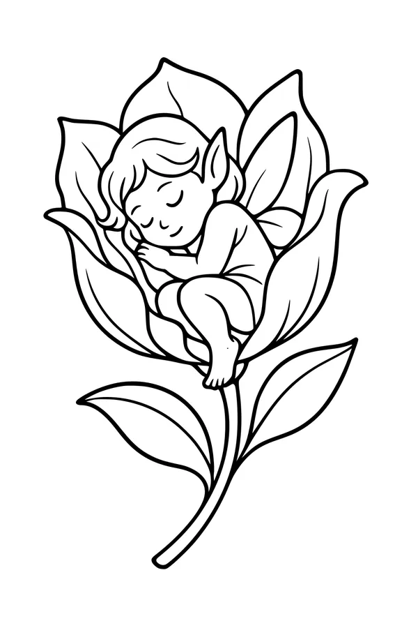 Free Fairy Coloring Page - Sleeping Fairy in Flower Blossom (Printable PDF)
