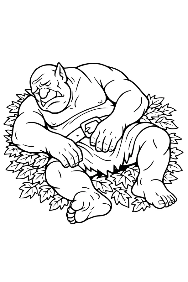 Free Ogre Coloring Page - Sleepy Forest Giant on Leaf Pile (Printable PDF)