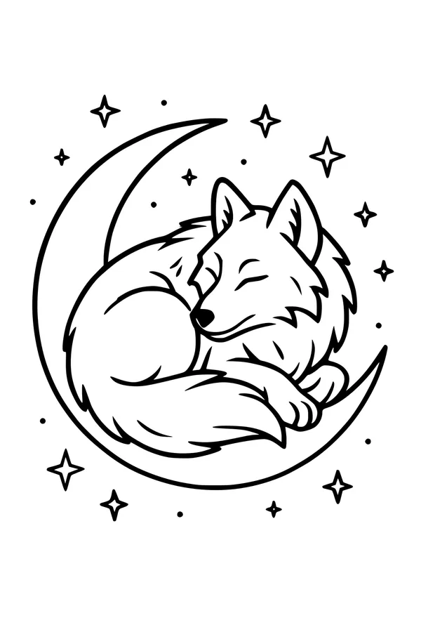 Free Wolf Coloring Page - Sleeping Wolf on Crescent Moon (Printable PDF)