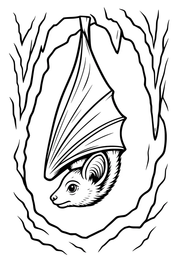 Free Bat Coloring Page - Sleepy Bat in a Cozy Cave (Printable PDF)
