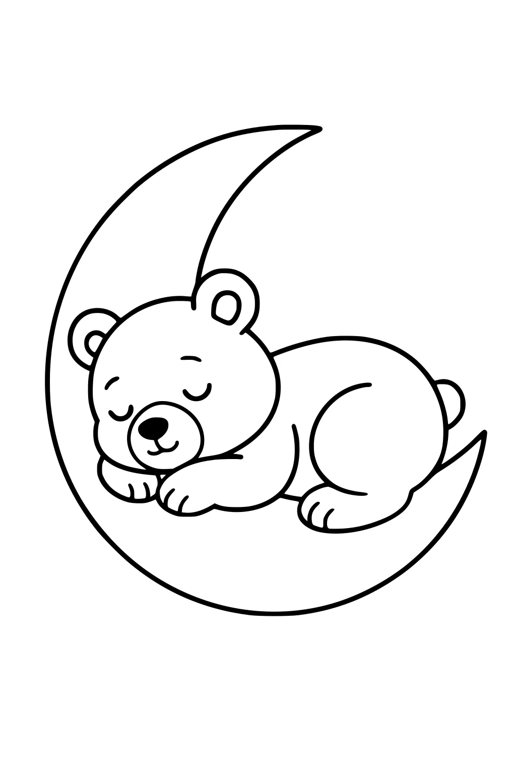 Sleeping bear cub curled up on a crescent moon, eyes closed, smiling gently, with paws tucked under its head.