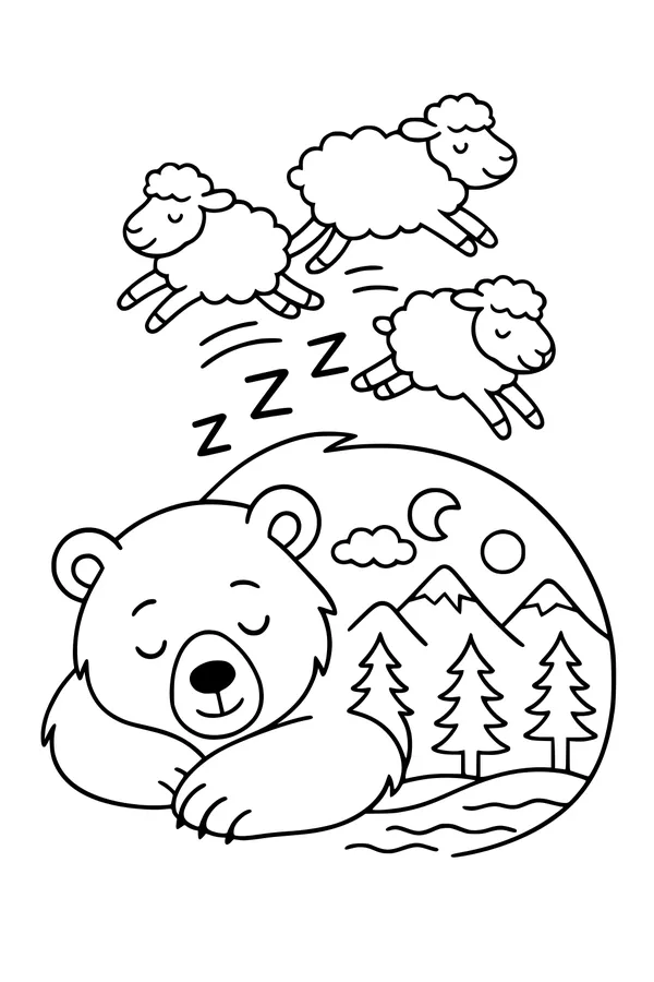 Free Bear Coloring Page - Dreaming Bear With Leaping Sheep (Printable PDF)