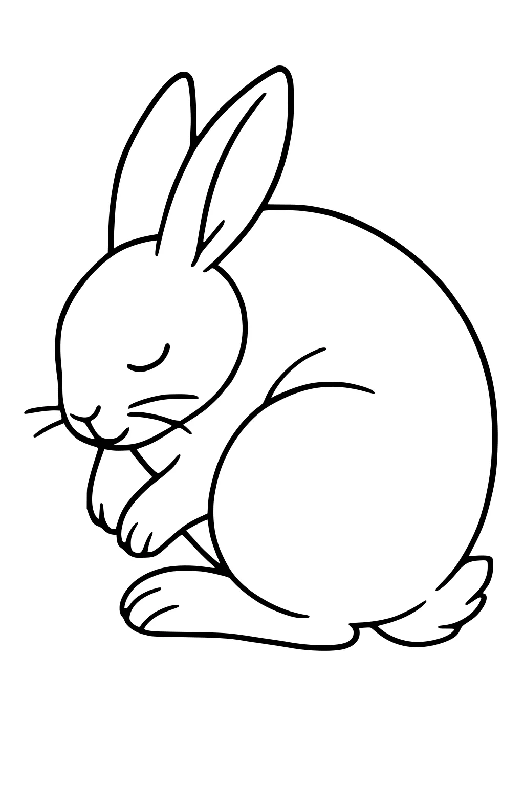 Rabbit with closed eyes, sitting curled up, front paws to chin, long ears upright, fluffy tail visible.