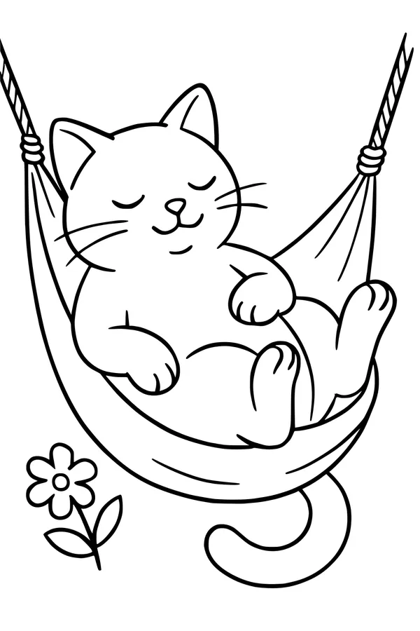 Free Cat Coloring Page - Sleepy Pet in a Hammock (Printable PDF)