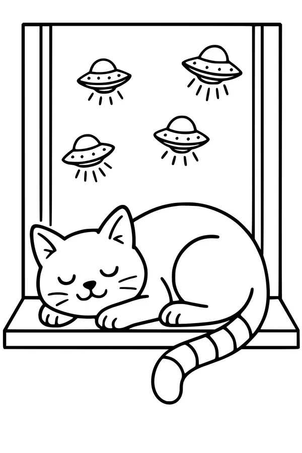 Free UFO Cat Coloring Page - Sleeping Kitty on Windowsill Flyby (Printable PDF)