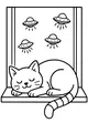Free UFO Cat Coloring Page - Sleeping Kitty on Windowsill Flyby (Printable PDF)