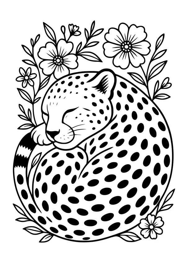 Free Cheetah Coloring Page - Sleepy Cheetah in Flower Garden (Printable PDF)
