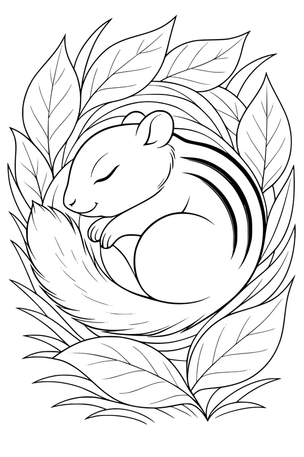 Free Chipmunk Coloring Page - Sleeping in Leafy Hideaway (Printable PDF)