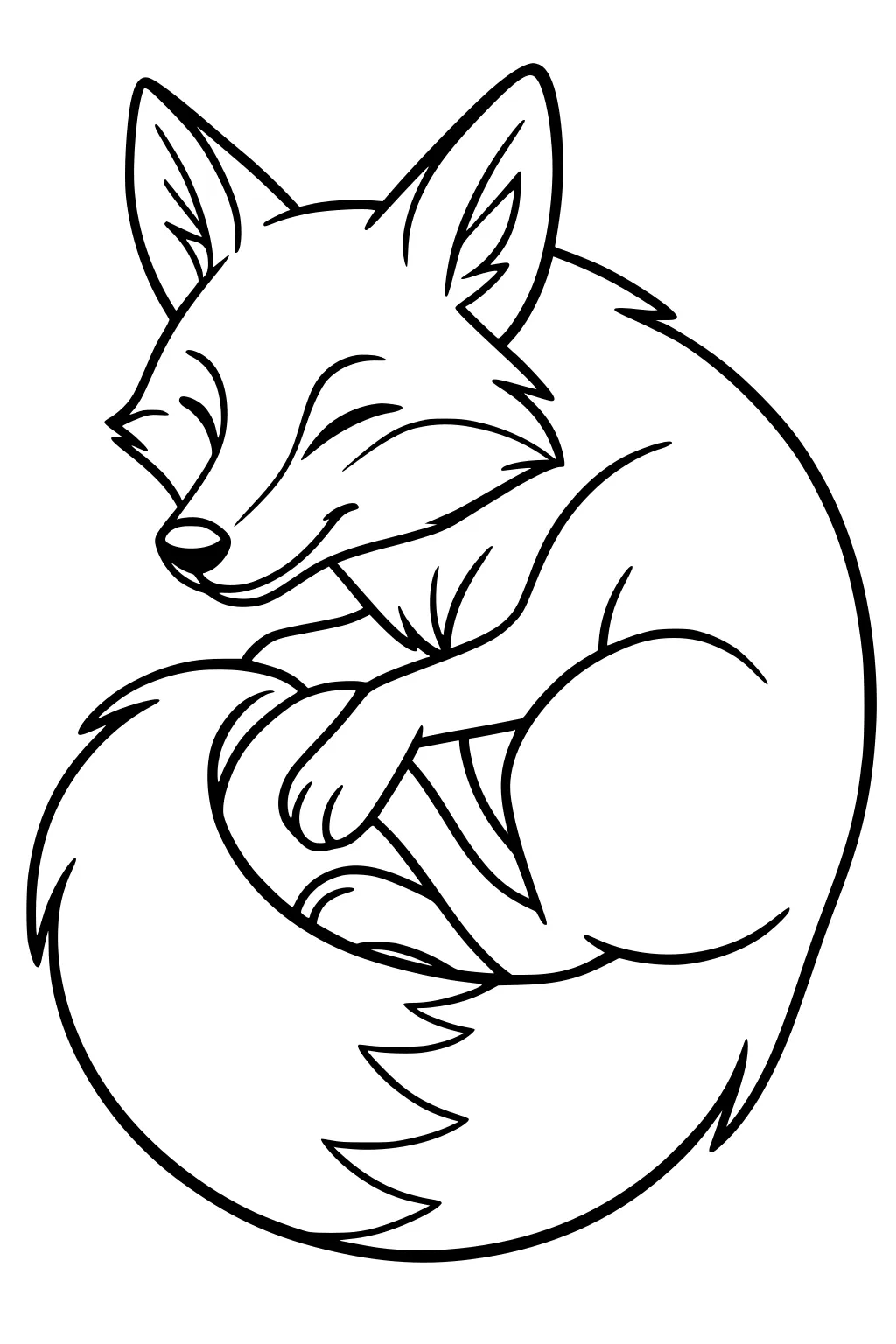 Cartoon fox sleeping curled up with head on tail and eyes closed.