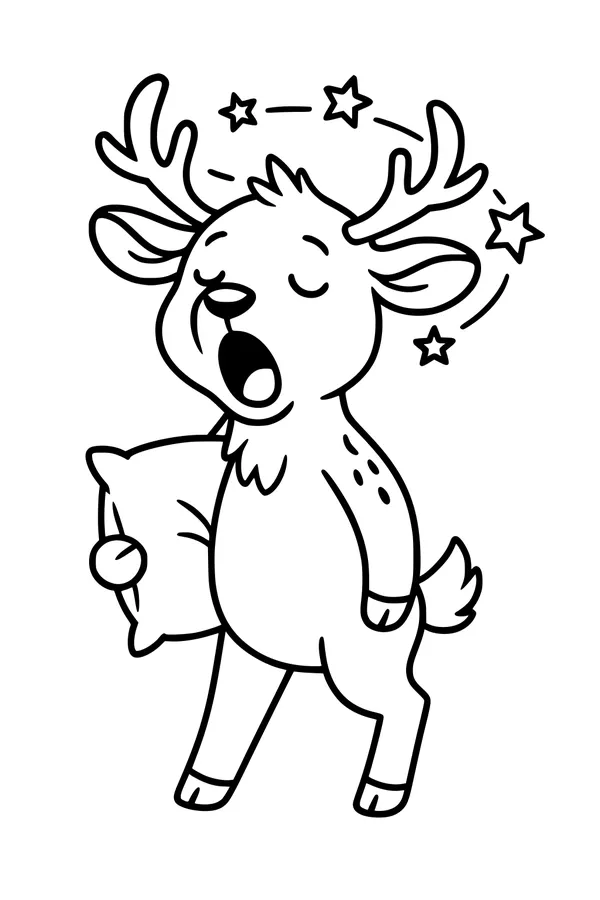Free Deer Coloring Page - Sleepy Yawning Deer With Starry Pillow (Printable PDF)
