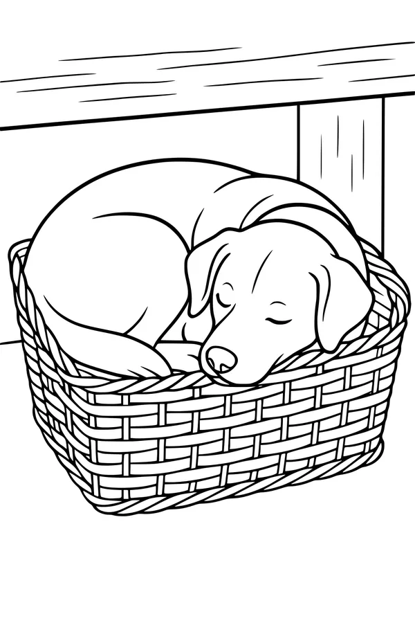 Free Dog Coloring Page - Sleepy Puppy in Cozy Woven Basket (Printable PDF)