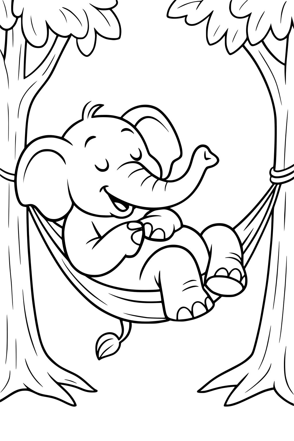 Baby elephant smiling and sleeping in a hammock tied between two trees with leafy tops.
