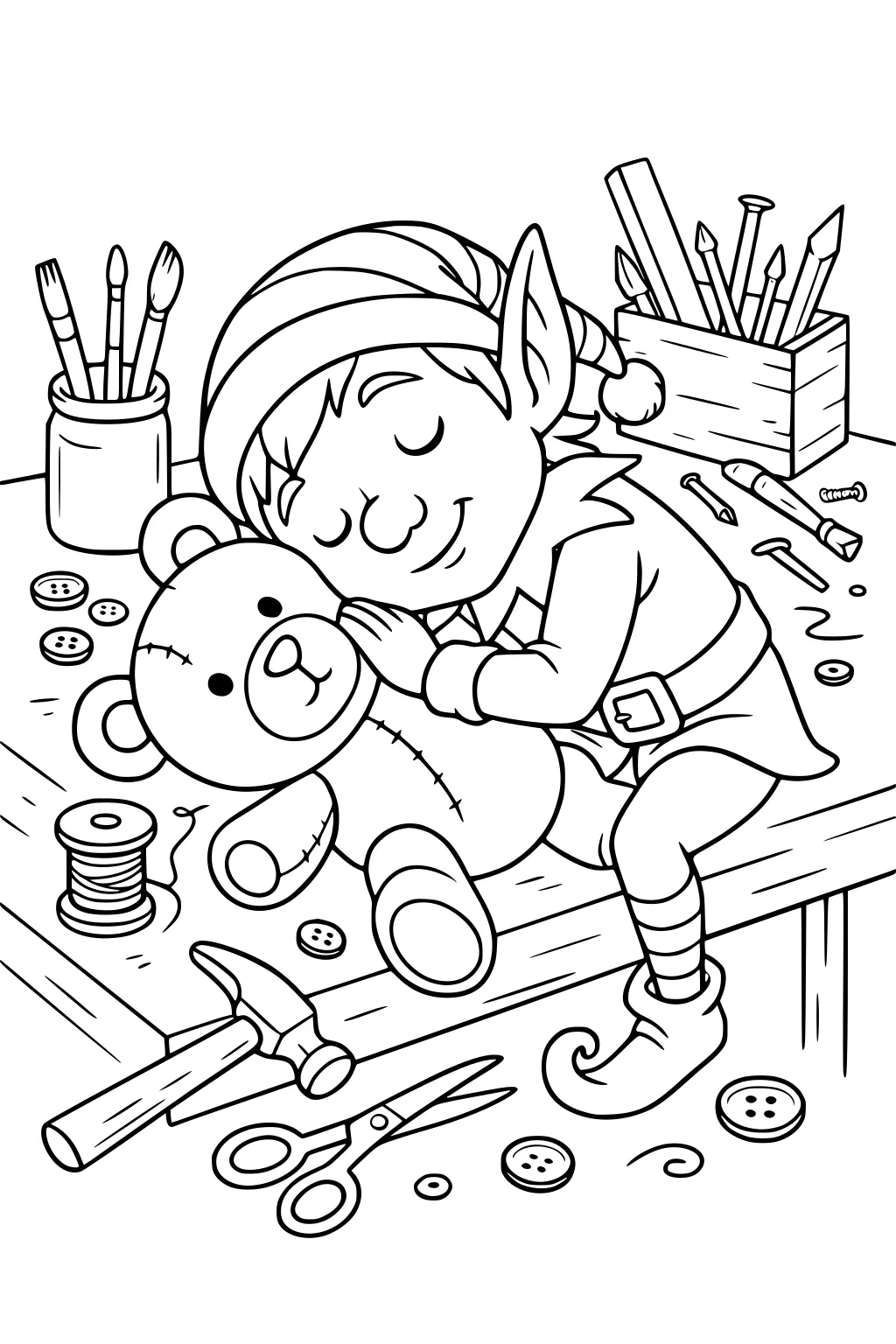 Boy Christmas elf cuddles a stitched teddy on a workshop table with scissors, hammer, thread, buttons, paintbrushes, and pencils.