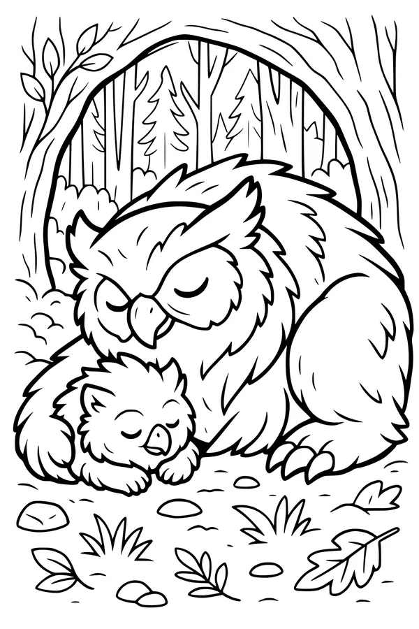 Free Owl Coloring Page - Parent And Baby Sleeping In Forest Hollow (Printable PDF)