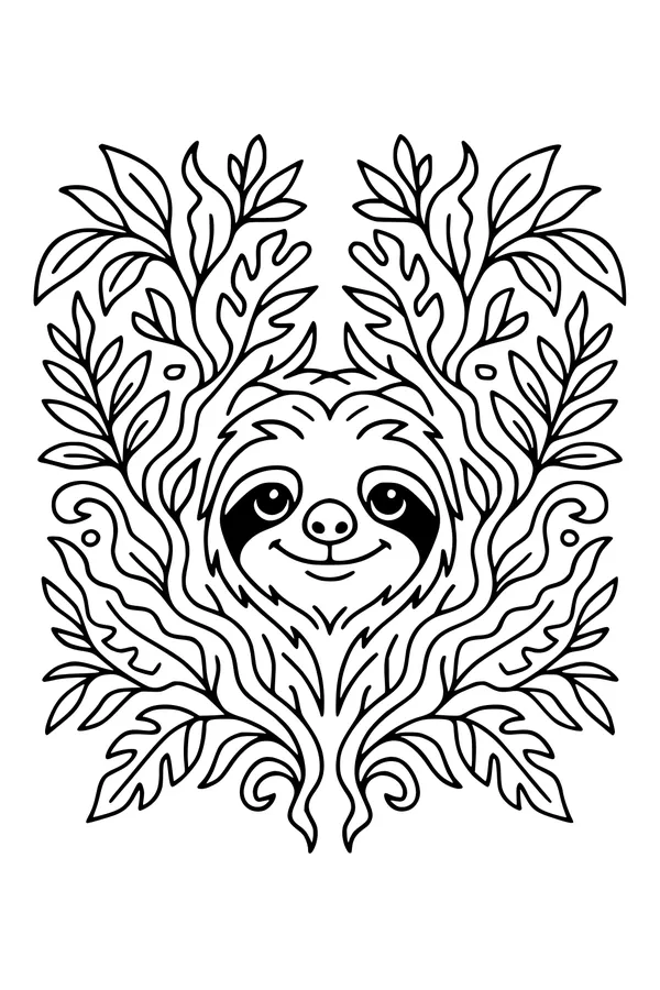 Free Sloth Coloring Page - Smiling Face in Leafy Jungle (Printable PDF)