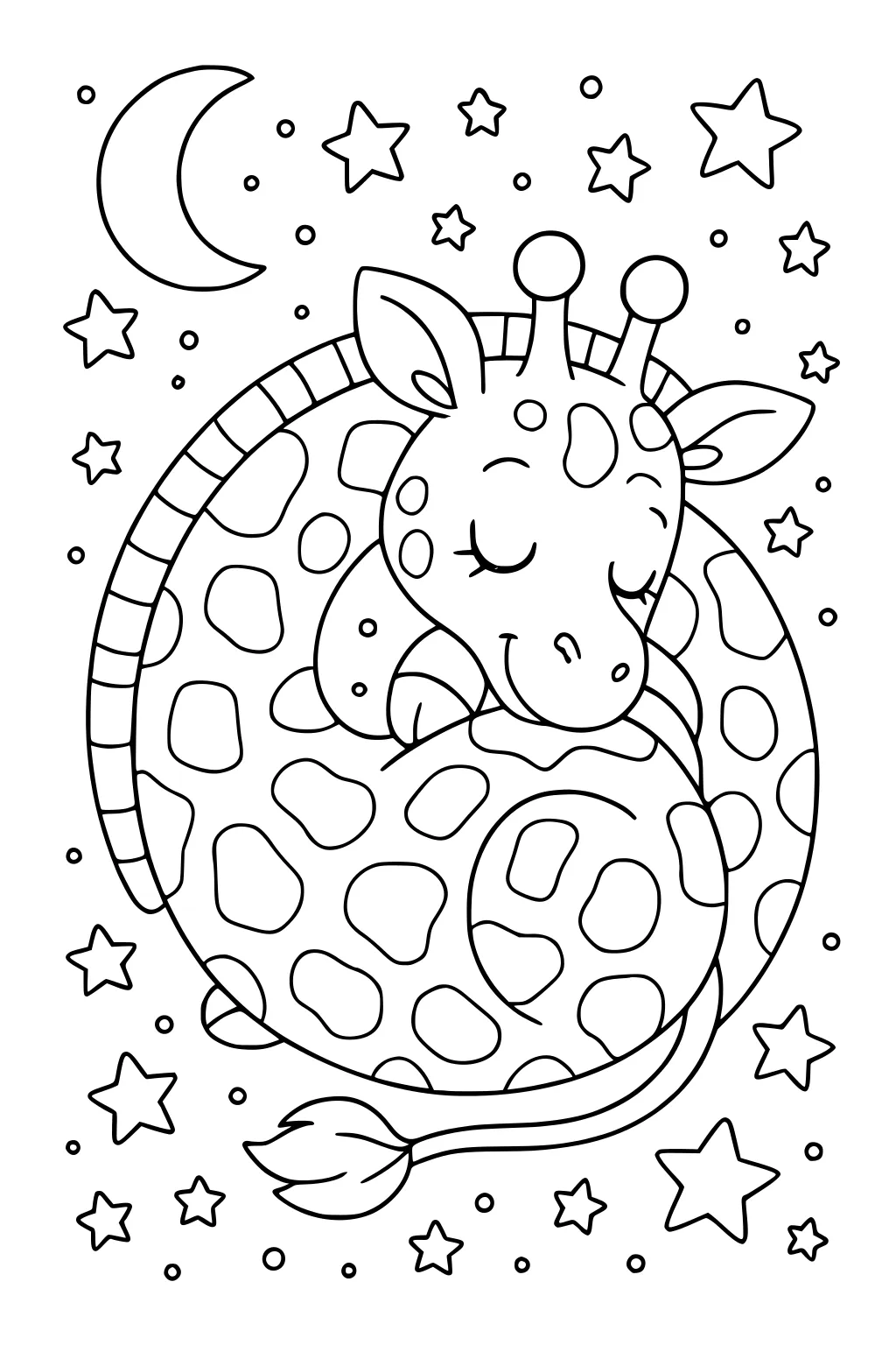 Sleeping cartoon giraffe curled in a circle under a moon and stars, peaceful expression, outlined drawing.