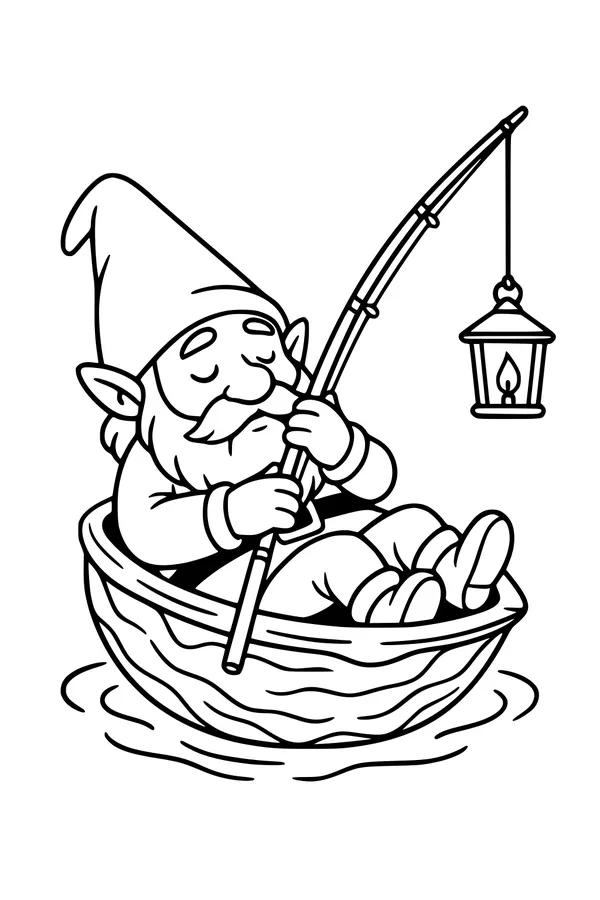 Free Gnome Coloring Page - Sleepy Walnut Boat Fishing Scene (Printable PDF)