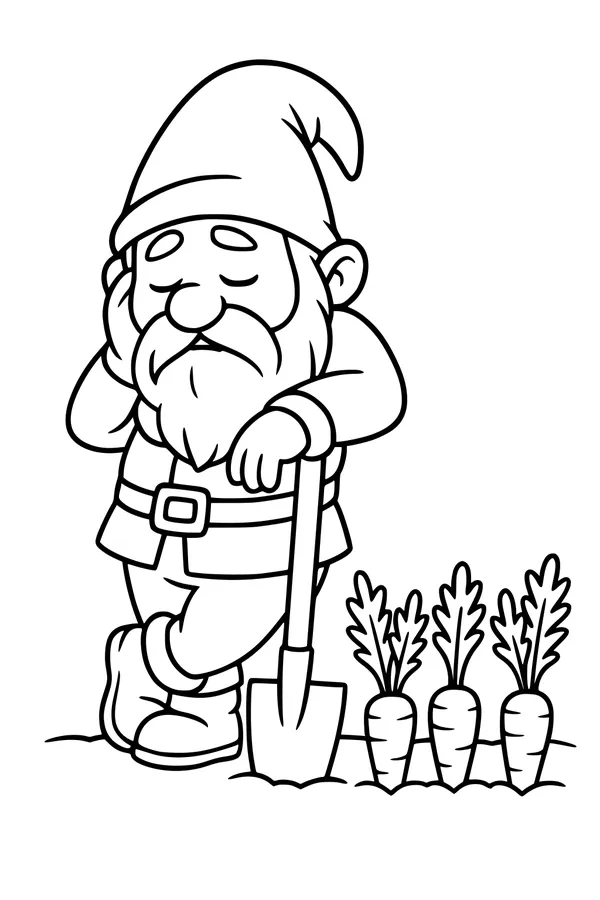 Free Gnome Coloring Page - Sleepy Garden Helper in Carrot Patch (Printable PDF)
