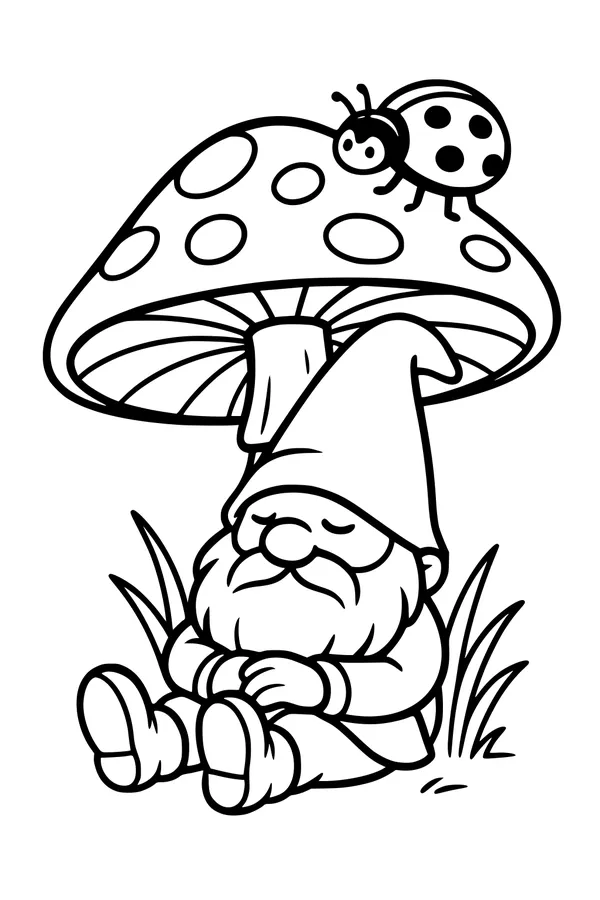 Free Gnome Coloring Page - Sleeping Under Spotted Mushroom (Printable PDF)