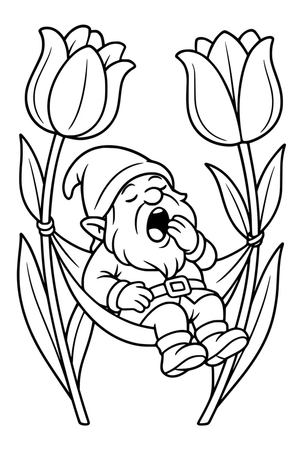 Free Gnome Coloring Page - Sleepy Garden Gnome in Tulip Hammock (Printable PDF)