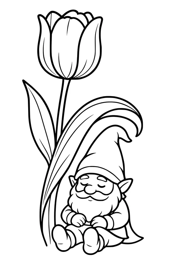 Free Gnome Coloring Page - Sleeping Under a Spring Tulip (Printable PDF)