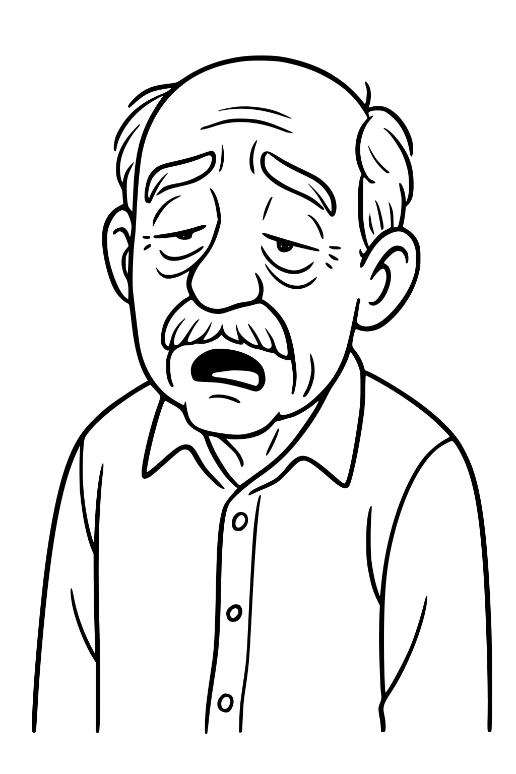 Cartoon elderly man yawning with droopy eyes, bald head, side hair, mustache, and collared button-up shirt in a bust portrait.