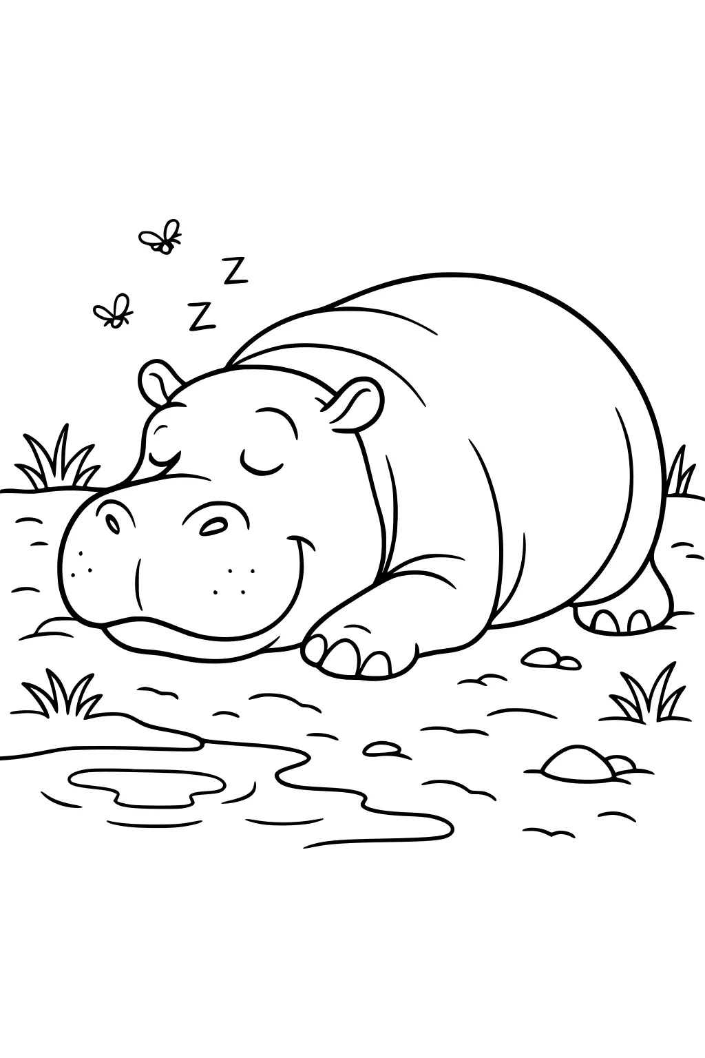 Sleeping hippopotamus beside a pond with grass, rocks, and three buzzing flies overhead.