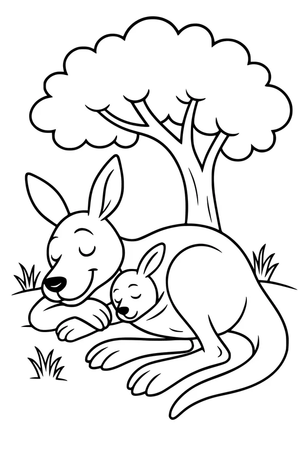 Free Kangaroo Coloring Page - Mother And Joey Napping Under Tree (Printable PDF)