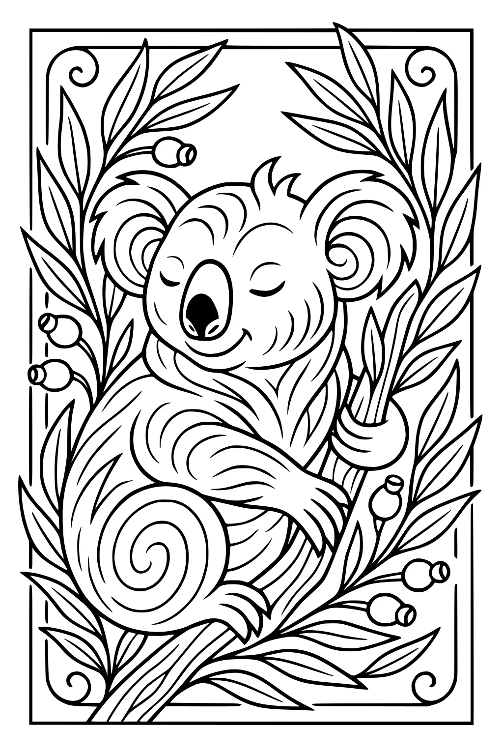 Sleeping koala hugging a branch, surrounded by eucalyptus leaves and buds in a framed outline.