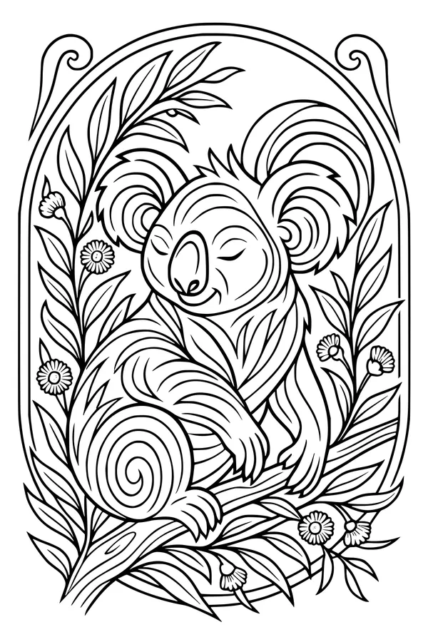Free Koala Coloring Page - Sleepy Eucalyptus Tree Hug (Printable PDF)