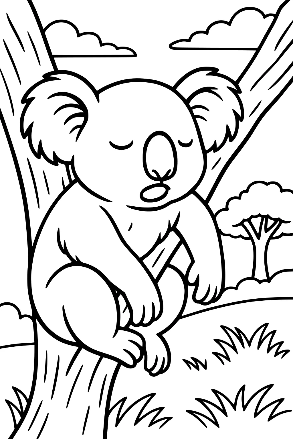 A sleepy koala hugs a tree branch, eyes closed, with grassy ground, distant trees, and clouds in the background.