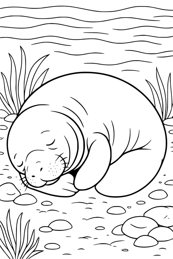 Free Manatee Coloring Page - Sleepy Manatee Under Gentle Waves (Printable PDF)